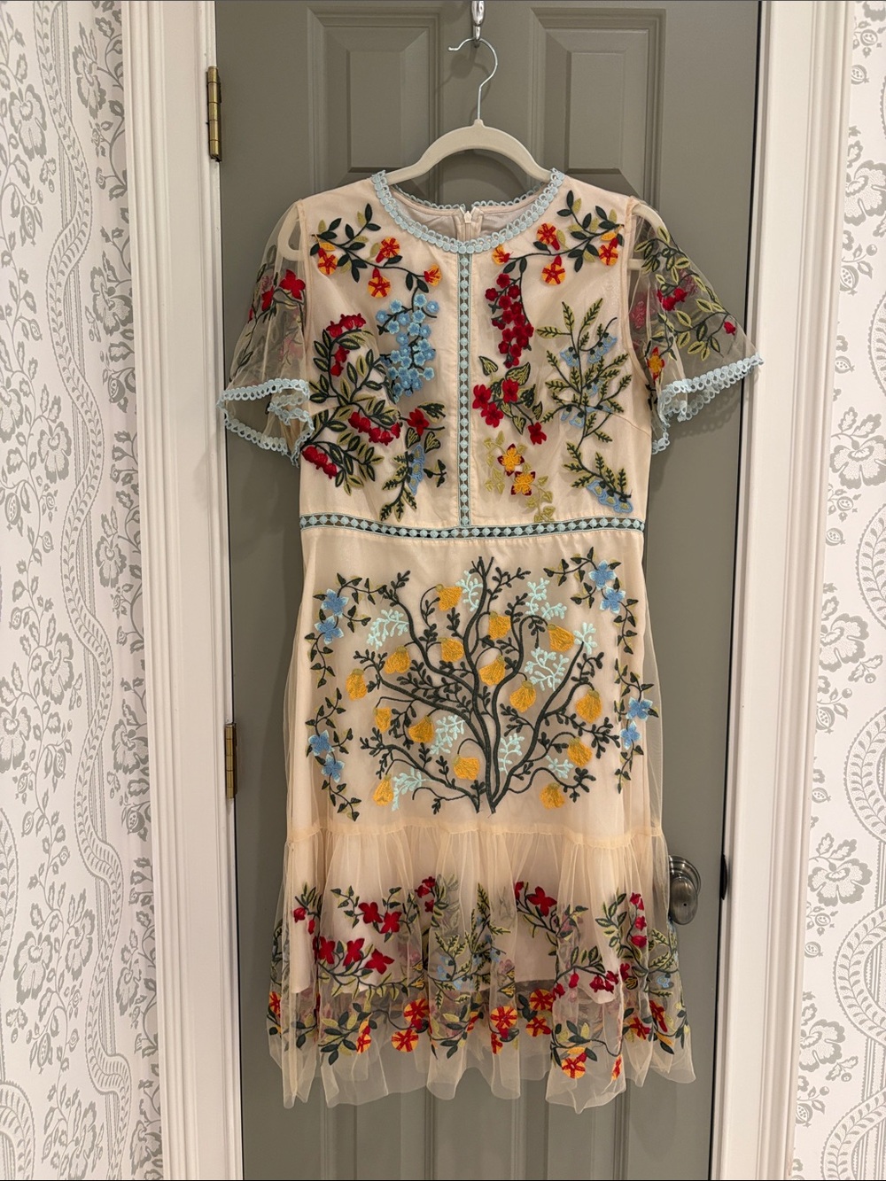 Marchesa Embroidered Floral Sheer Cream Dress with Red, Yellow & Blue Accents